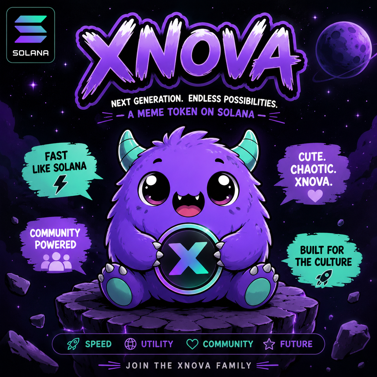 XNOVA key art with the purple monster mascot in space