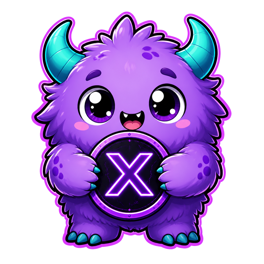 XNOVA purple monster mascot holding the X coin